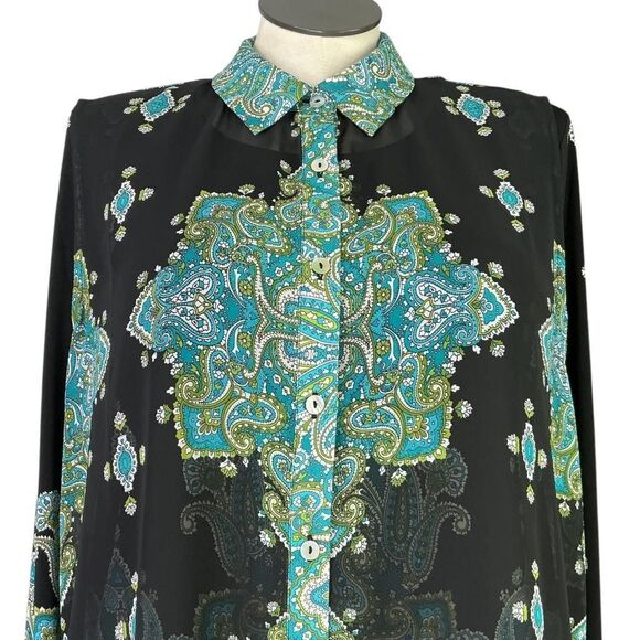 Susan Graver Button Front Vest Set Women L Black Teal Green Chiffon Knit Paisley - Picture 2 of 12